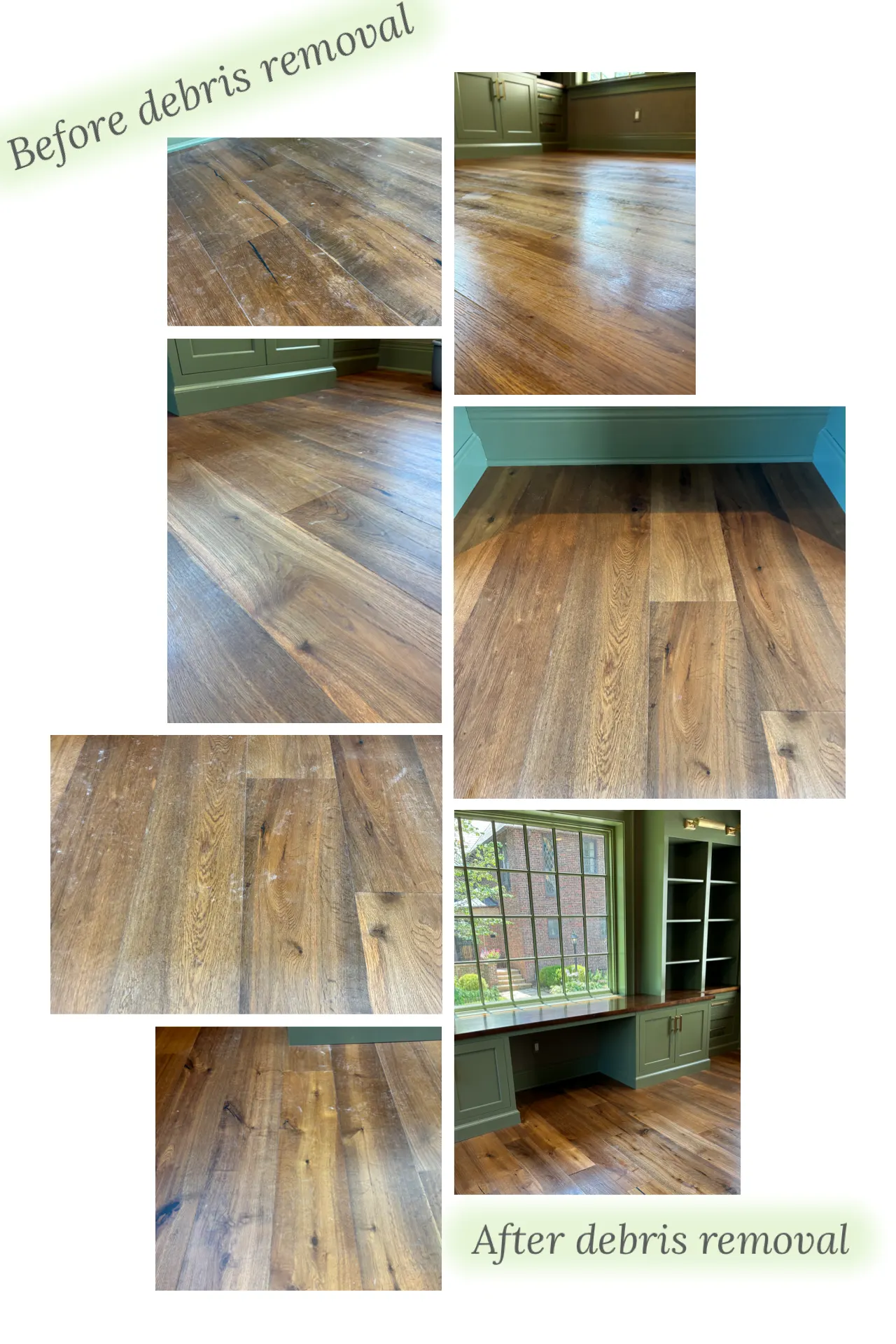 Collage of hardwood floors before and after debris removal, captioned