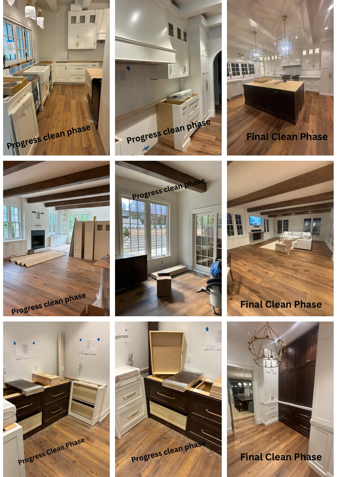 3x3 grid of kitchen and living spaces labelled progress clean phase and final clean phase