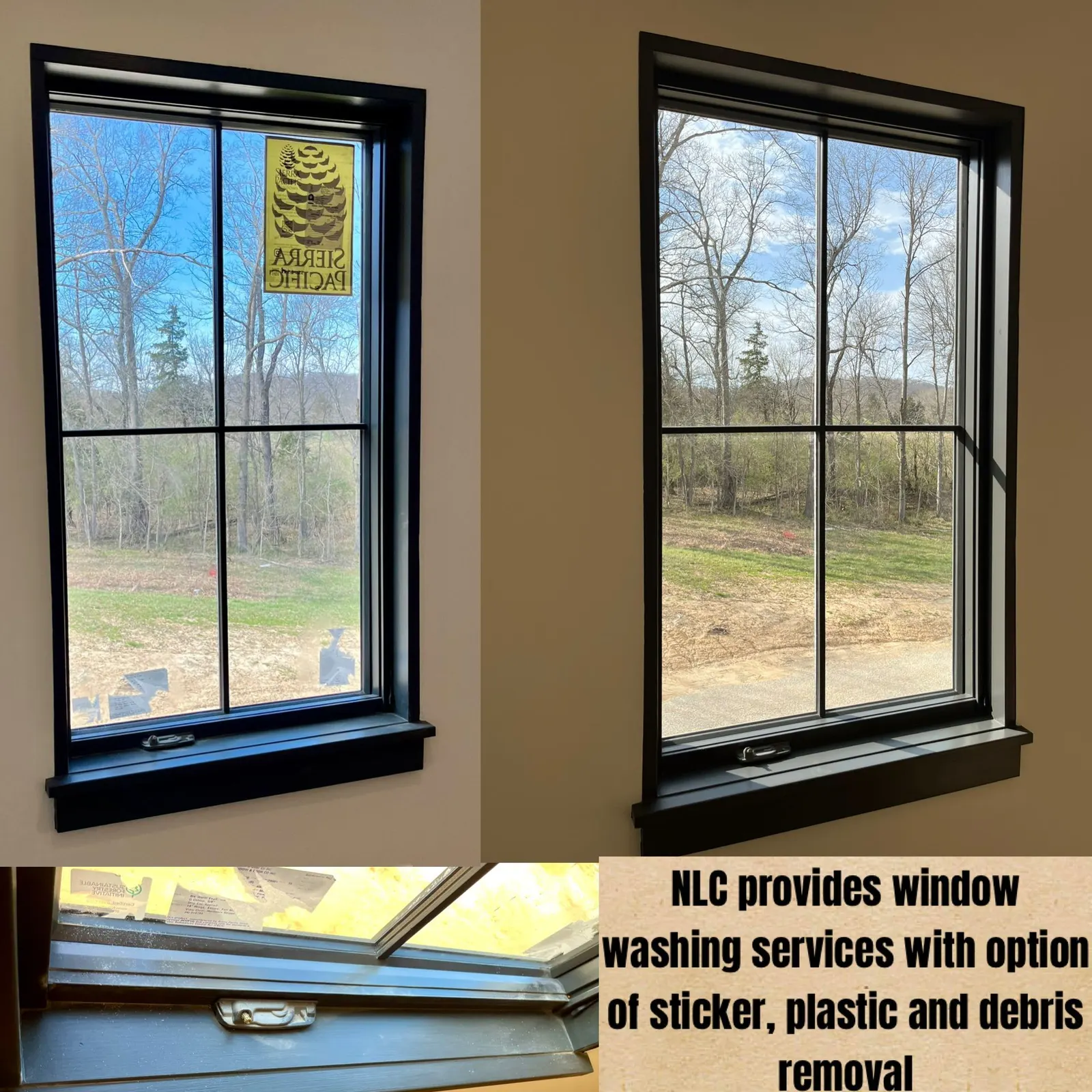 Collage of window sticker, plastic and debris removal